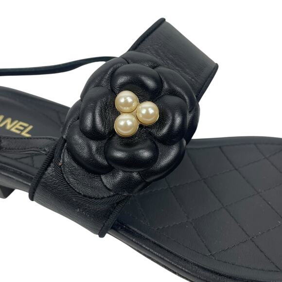 Chanel Camellia Pearl Logo Toe Ring Slingback Flat Sandal Black Size 37.5 - Picture 4 of 13